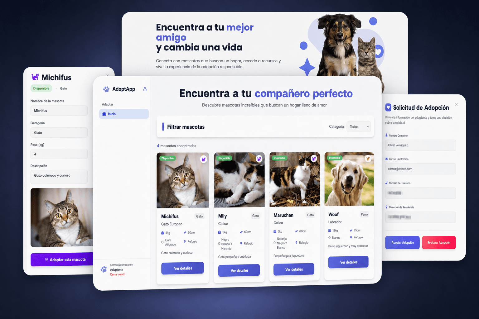 Adoption Center mockup showing the pet catalog and adoption request workflow.