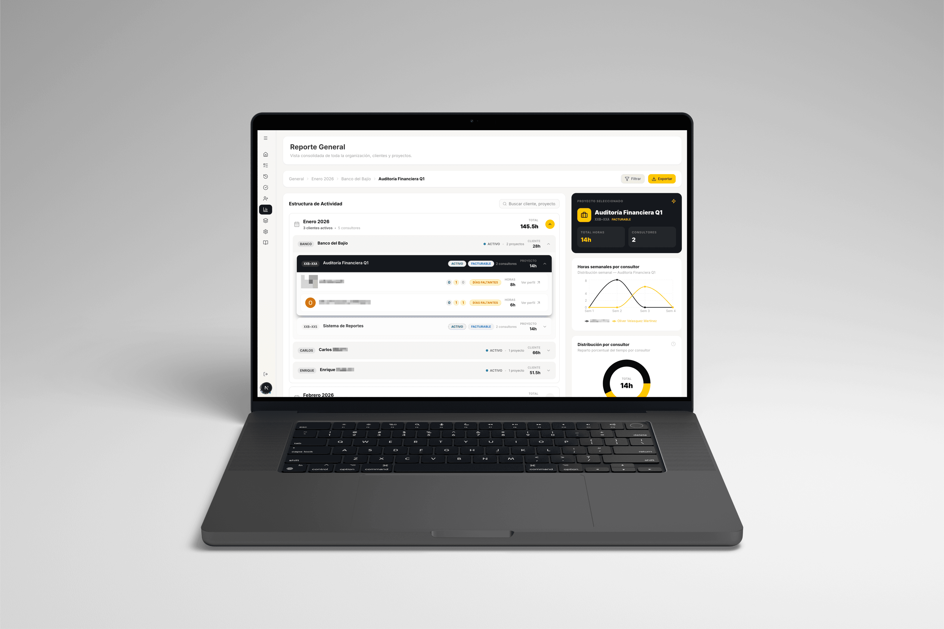 Consulting Management System mockup showing the consulting overview report on a laptop.